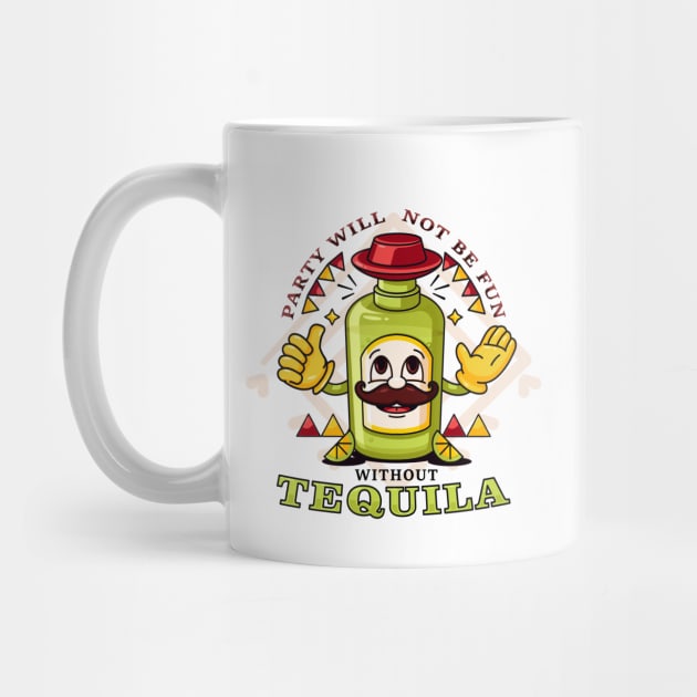 Tequila, the cartoon mascot of tequila bottles at parties by Vyndesign